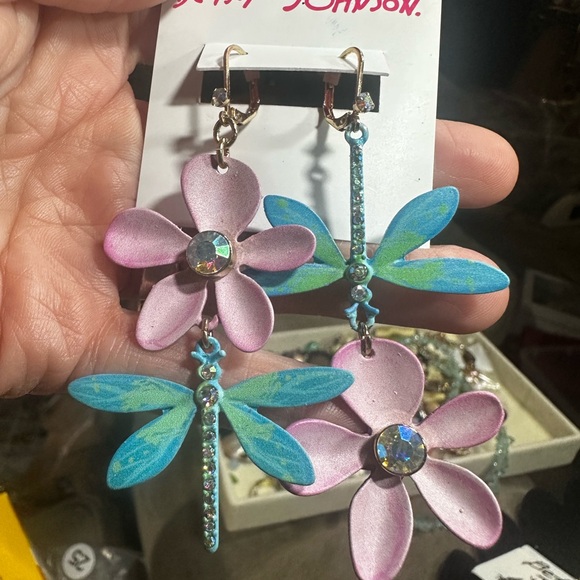Betsey Johnson Pink Floral and Blue Dragonfly Earrings - Picture 8 of 8